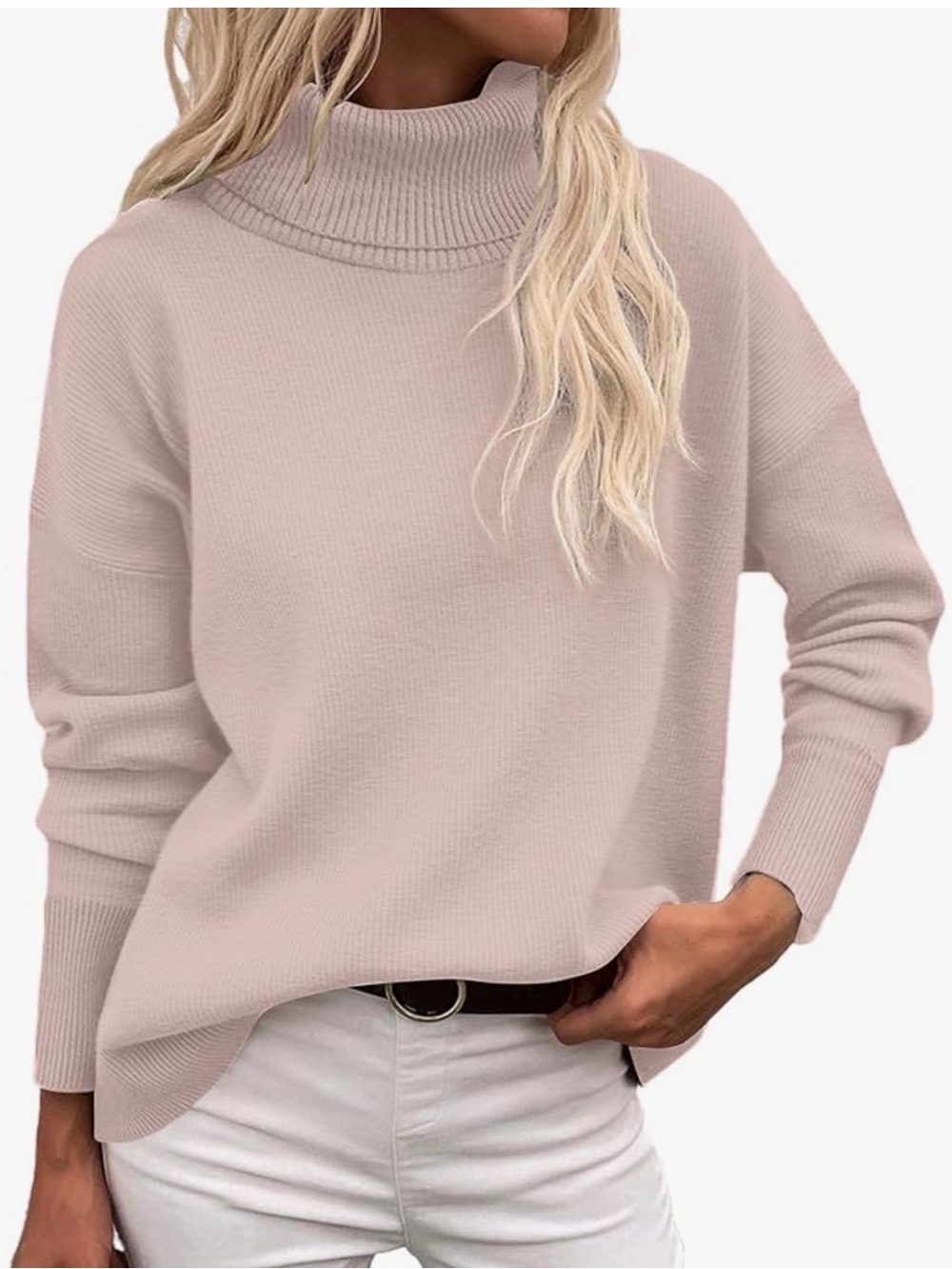 2XL Light  Pale Pink Turtleneck Rib-Knit Relaxed Sweater - Blush‎ Pink